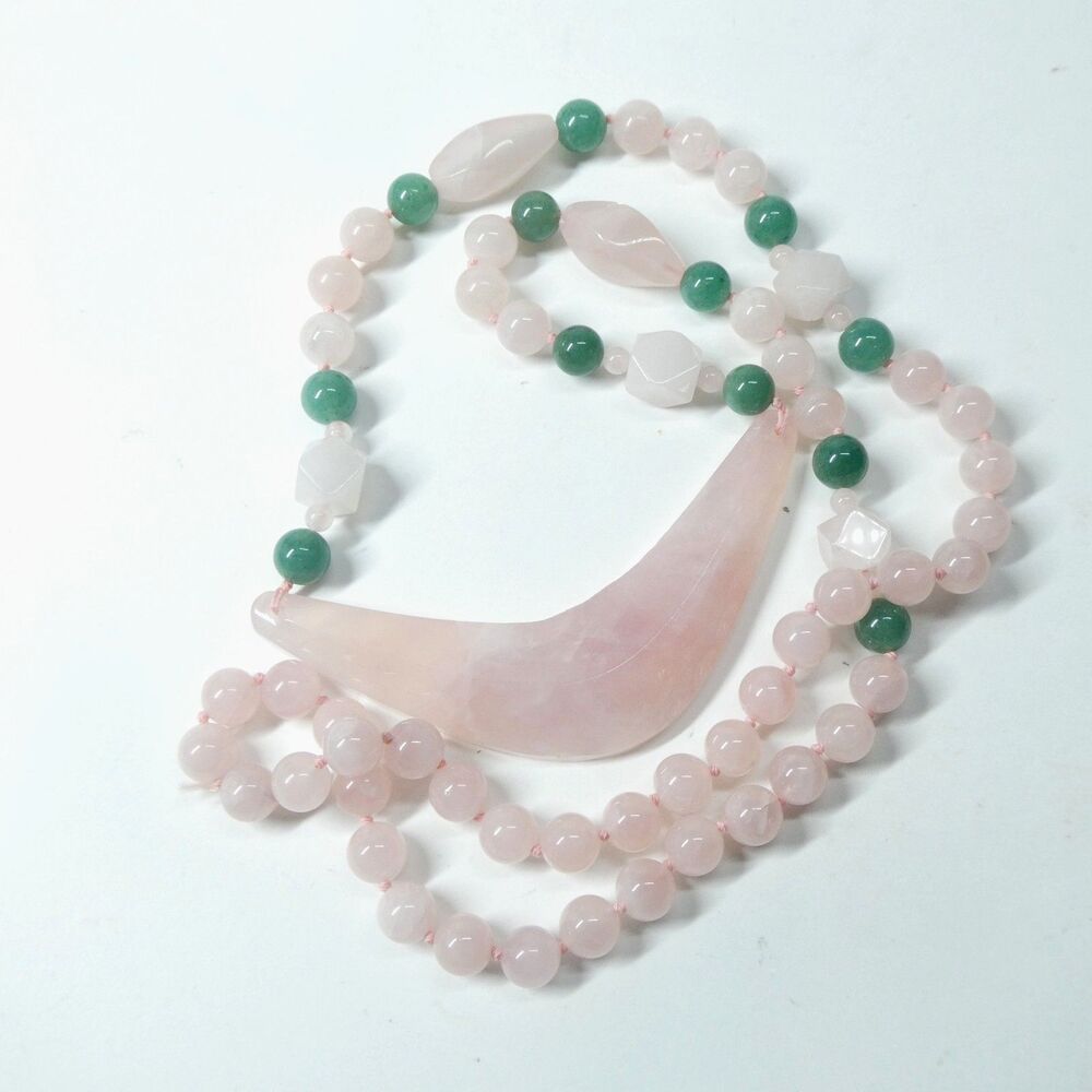 Rose Quartz Pink Stone Beaded Necklace w/ Boomerang Pendant & Green Beads